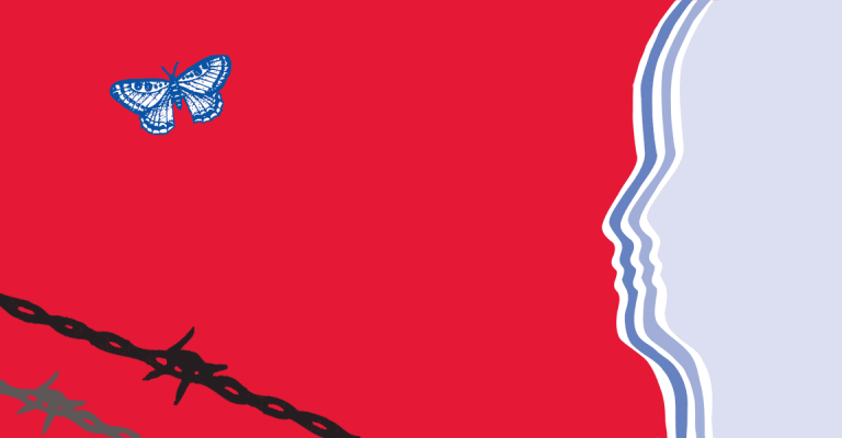 Banner image, Red background, blue silhouette on the right, a butterfly in the middle and  and two chains in the lower left.