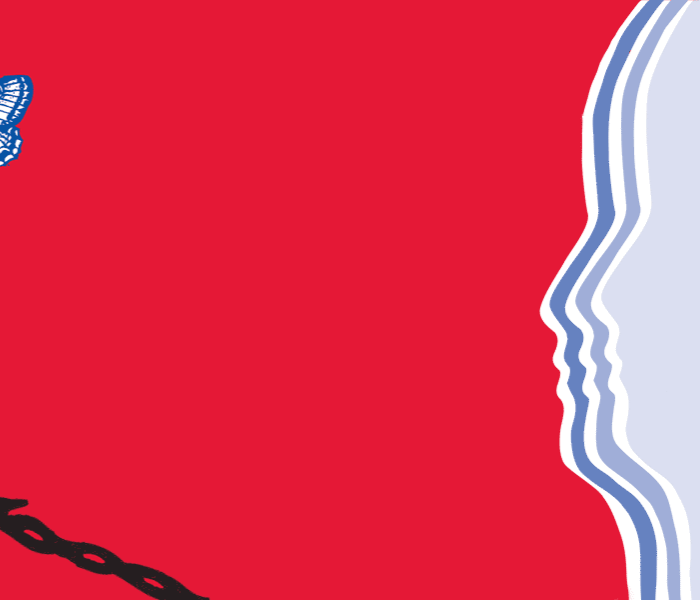 Banner image, Red background, blue silhouette on the right, a butterfly in the middle and  and two chains in the lower left.