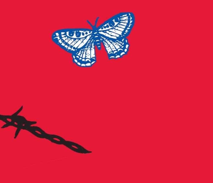 Banner image, Red background, blue silhouette on the right, a butterfly in the middle and  and two chains in the lower left.