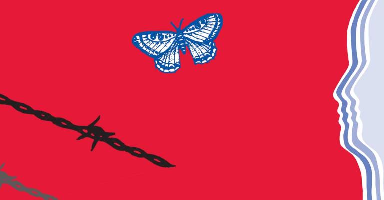 Banner image, Red background, blue silhouette on the right, a butterfly in the middle and  and two chains in the lower left.